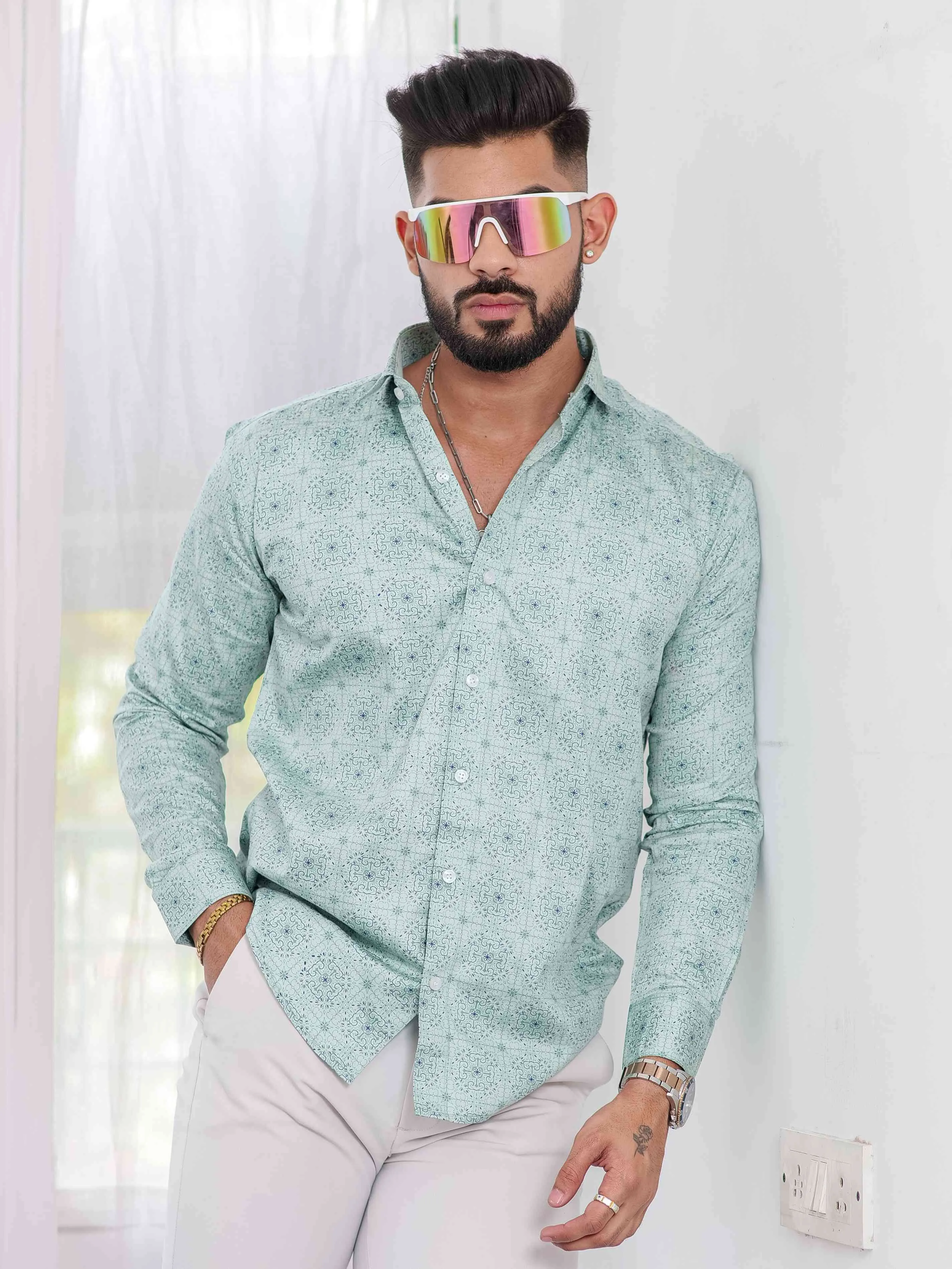Light Green Satin Print Premium Shirt