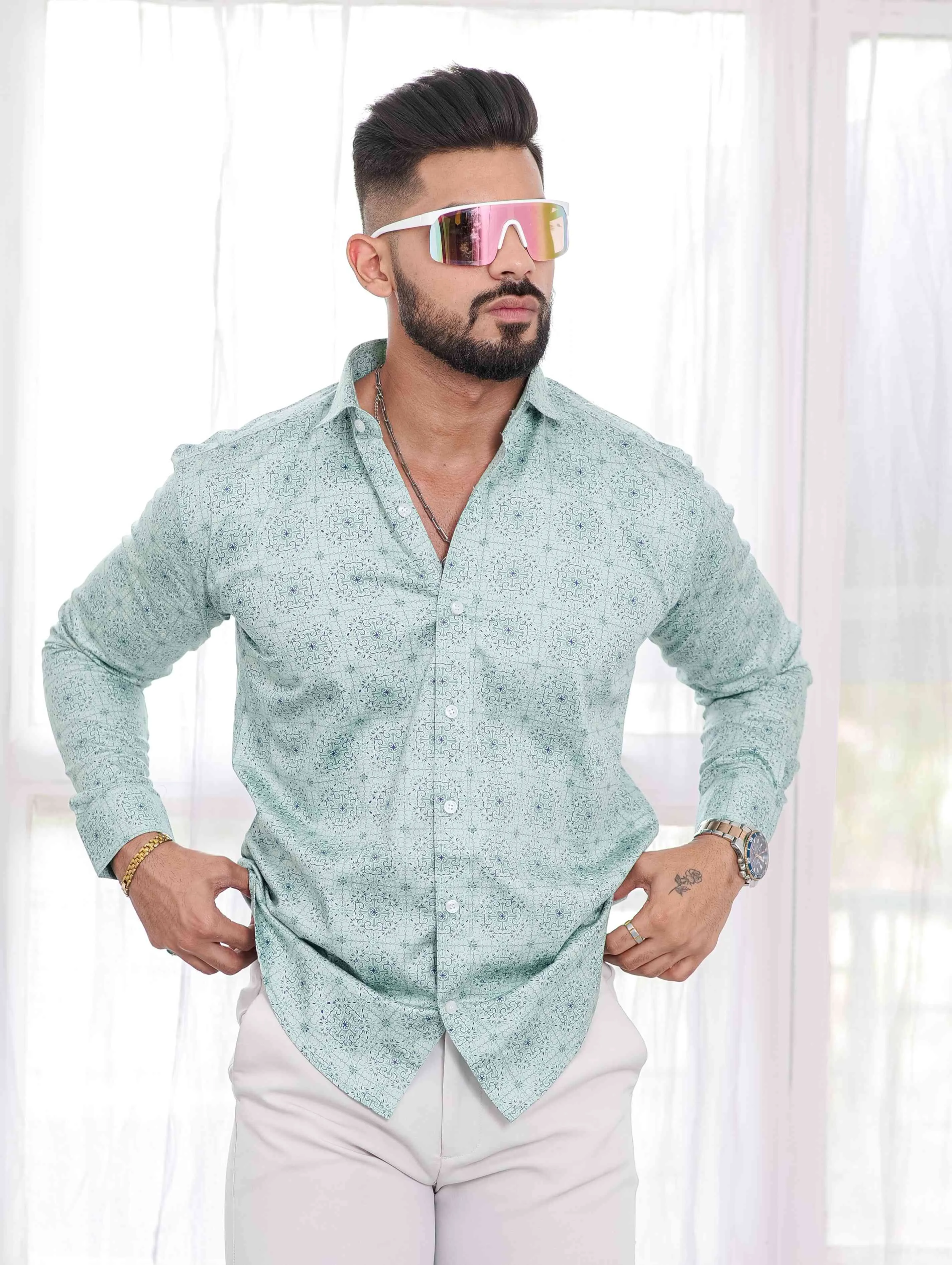 Light Green Satin Print Premium Shirt