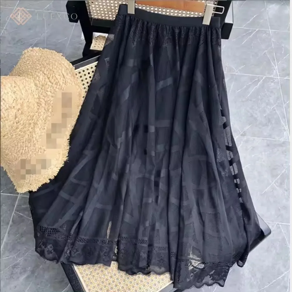 Luexco Mesh Lace Whimsy Embroidered Skirt