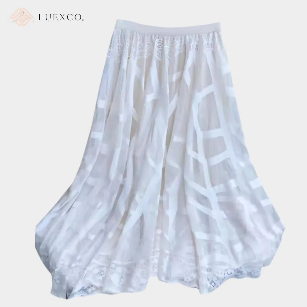 Luexco Mesh Lace Whimsy Embroidered Skirt