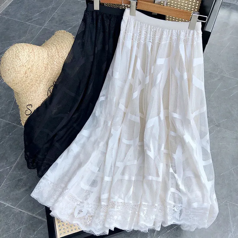 Luexco Mesh Lace Whimsy Embroidered Skirt