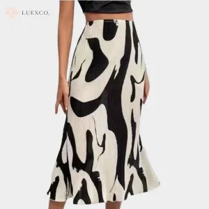Luexco Pleated Print Retro Style Midi Skirt