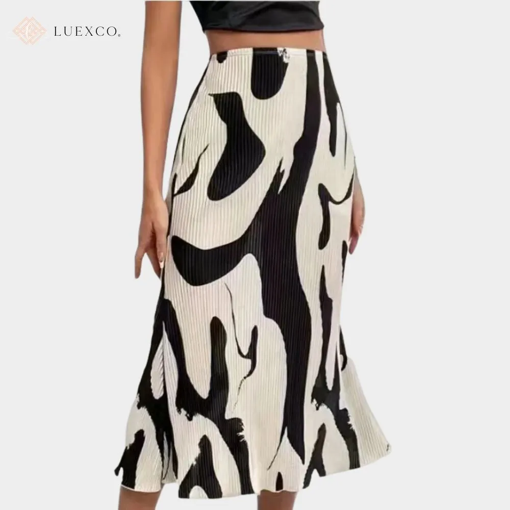 Luexco Pleated Print Retro Style Midi Skirt