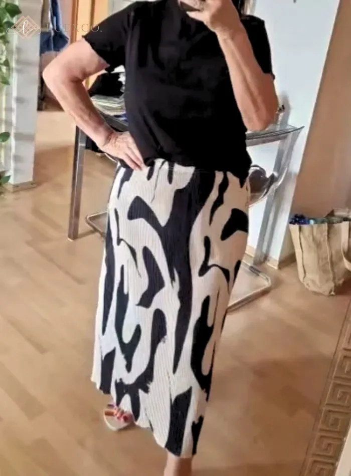 Luexco Pleated Print Retro Style Midi Skirt