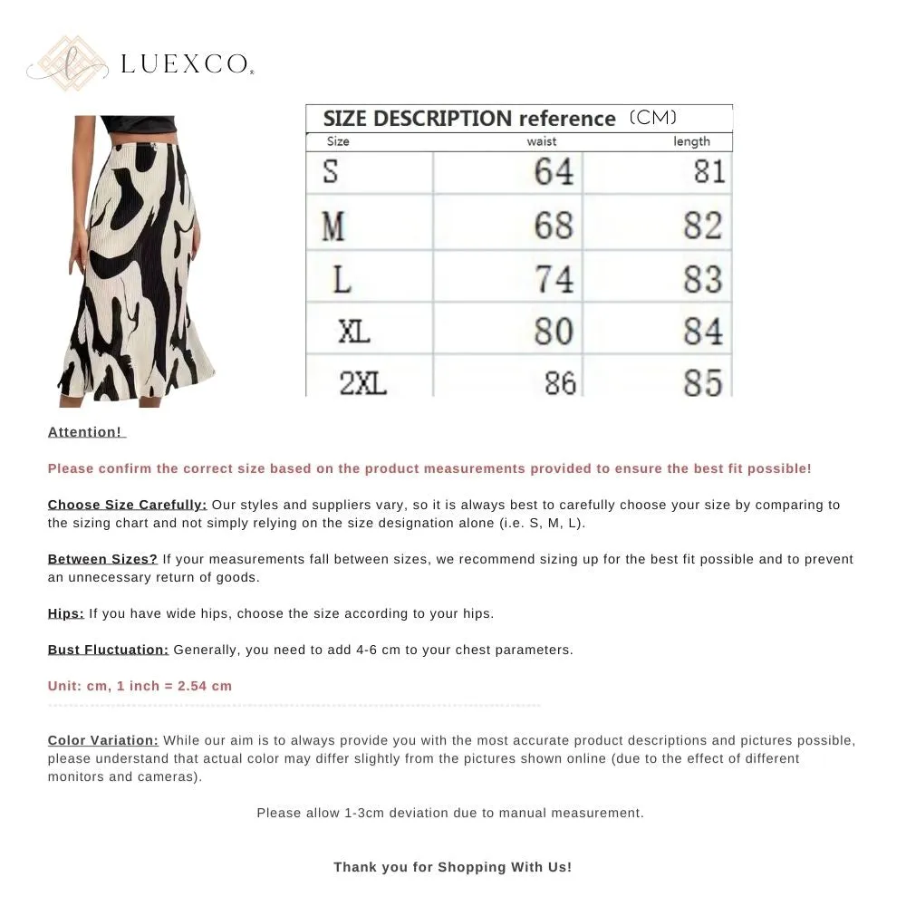 Luexco Pleated Print Retro Style Midi Skirt