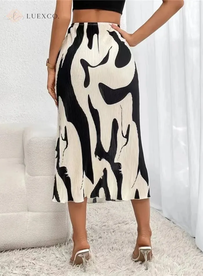 Luexco Pleated Print Retro Style Midi Skirt