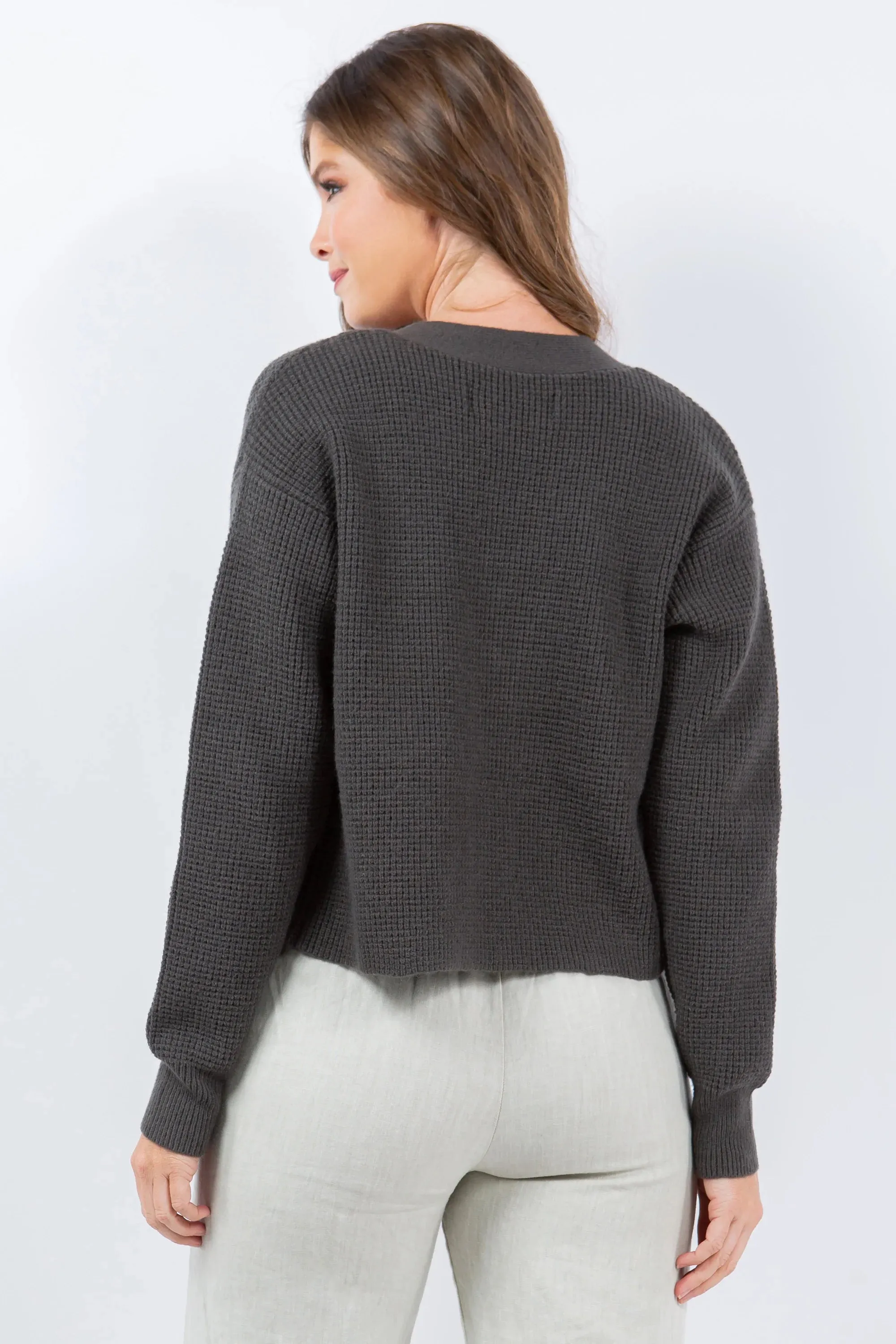 Magnet Grey Long Sleeve Waffle Knit Button Up Sweater Cardigan