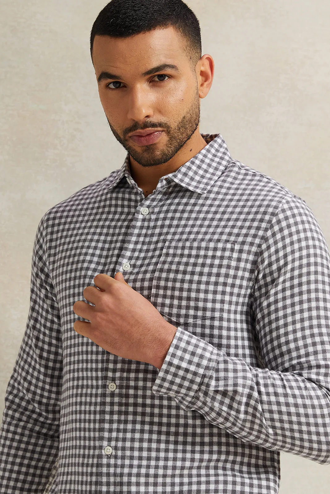 Men Grey Checkered Flannel Shirt