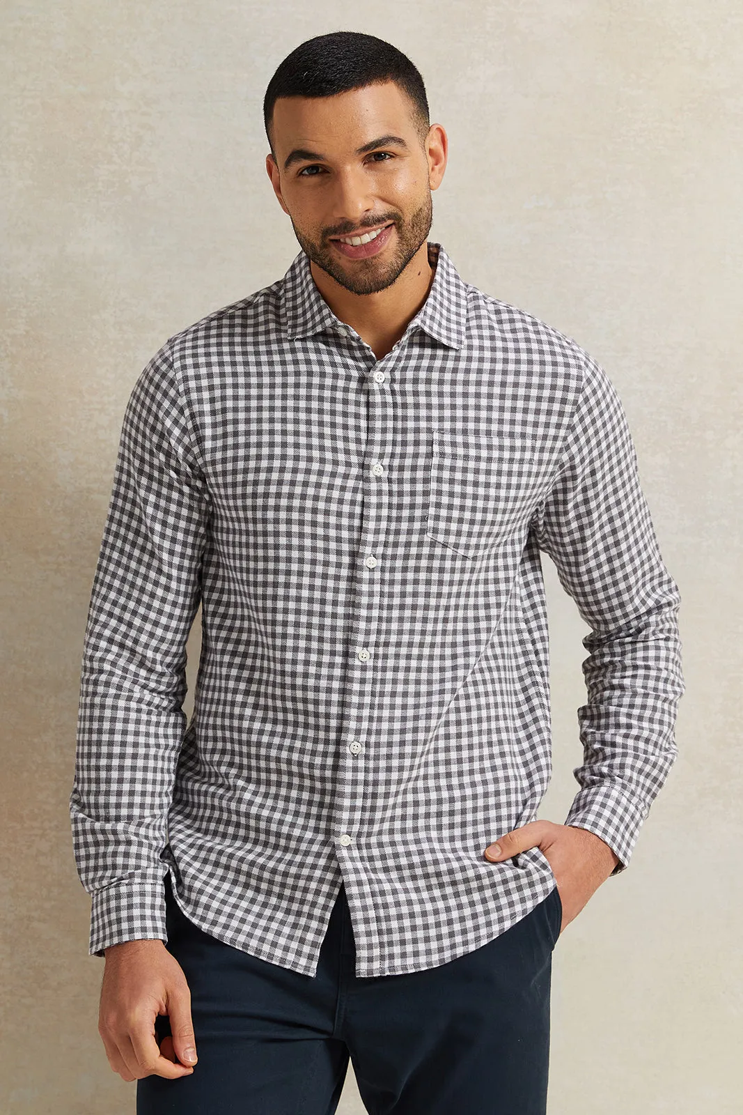 Men Grey Checkered Flannel Shirt