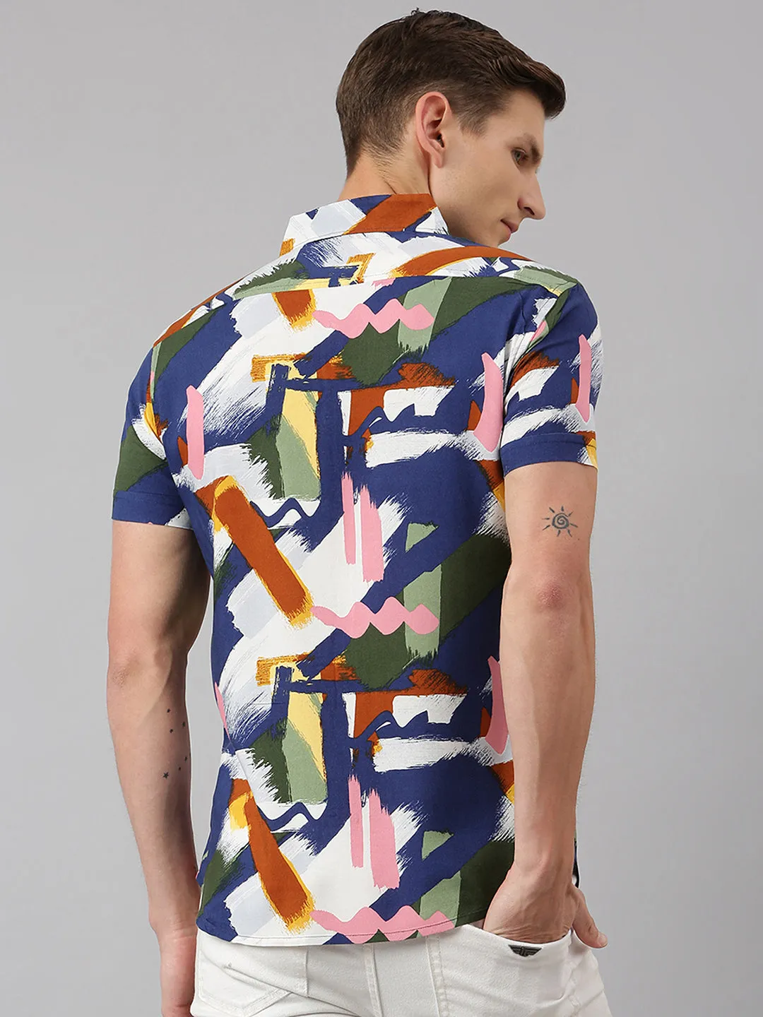 Men's Aztec Print Blue Slim Fit Cotton Casual Shirt