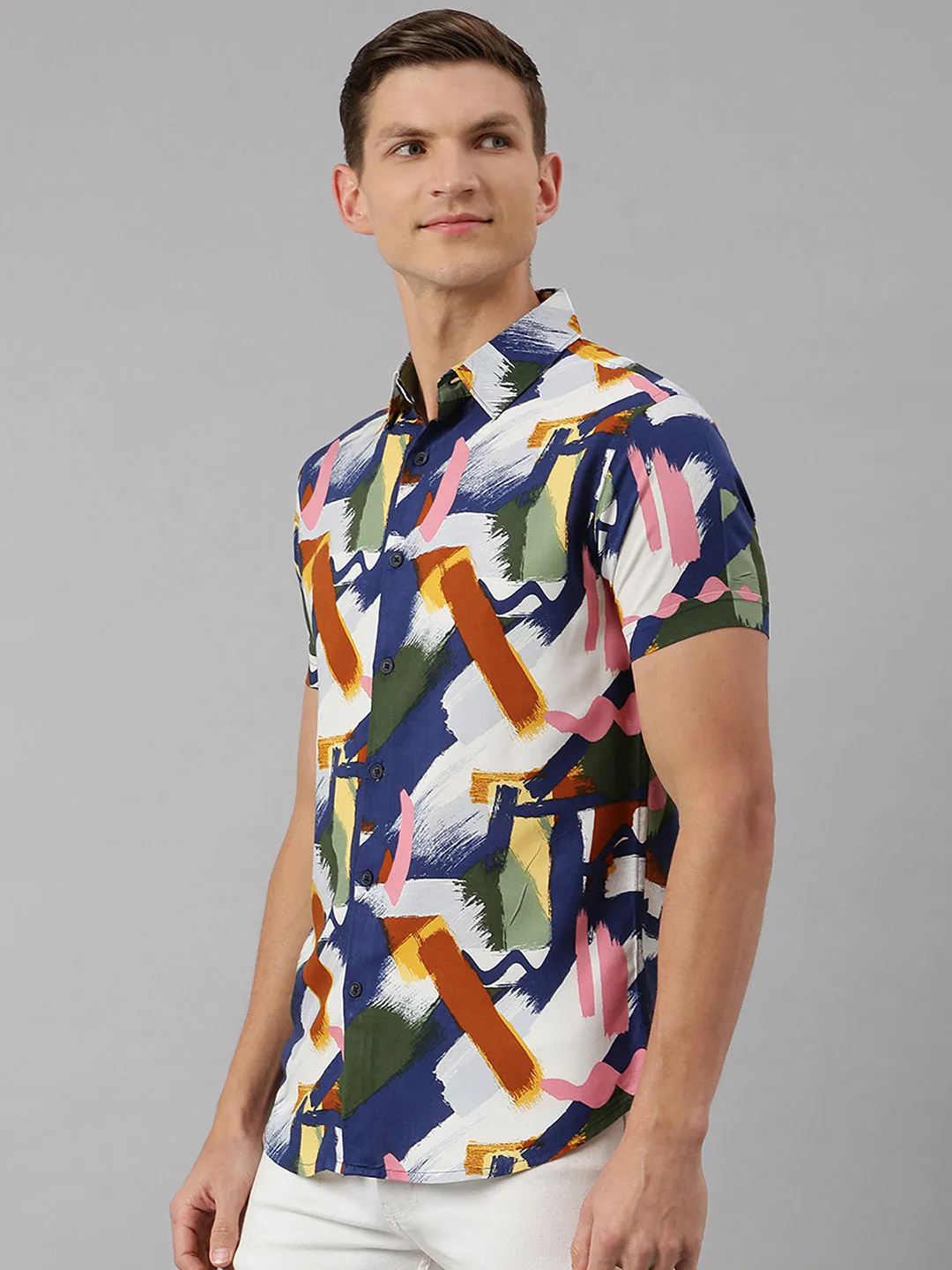 Men's Aztec Print Blue Slim Fit Cotton Casual Shirt