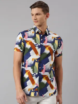 Men's Aztec Print Blue Slim Fit Cotton Casual Shirt