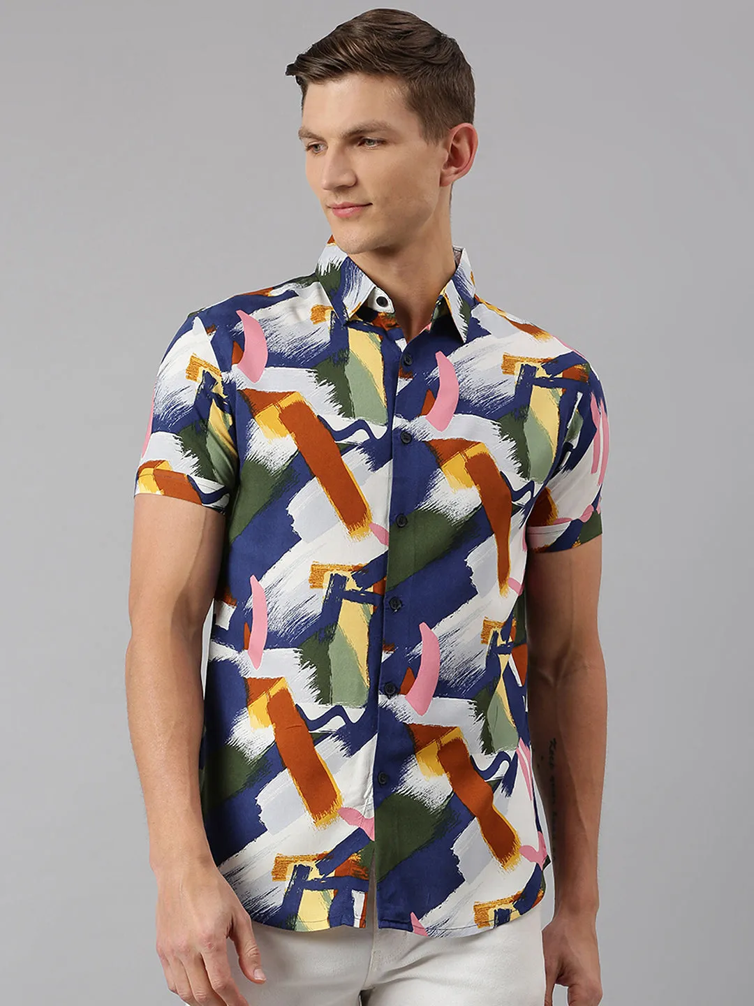 Men's Aztec Print Blue Slim Fit Cotton Casual Shirt