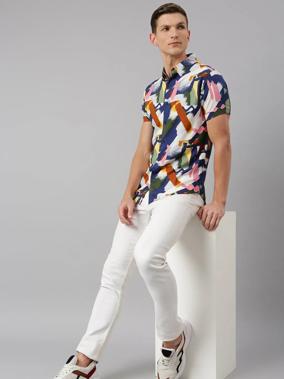 Men's Aztec Print Blue Slim Fit Cotton Casual Shirt