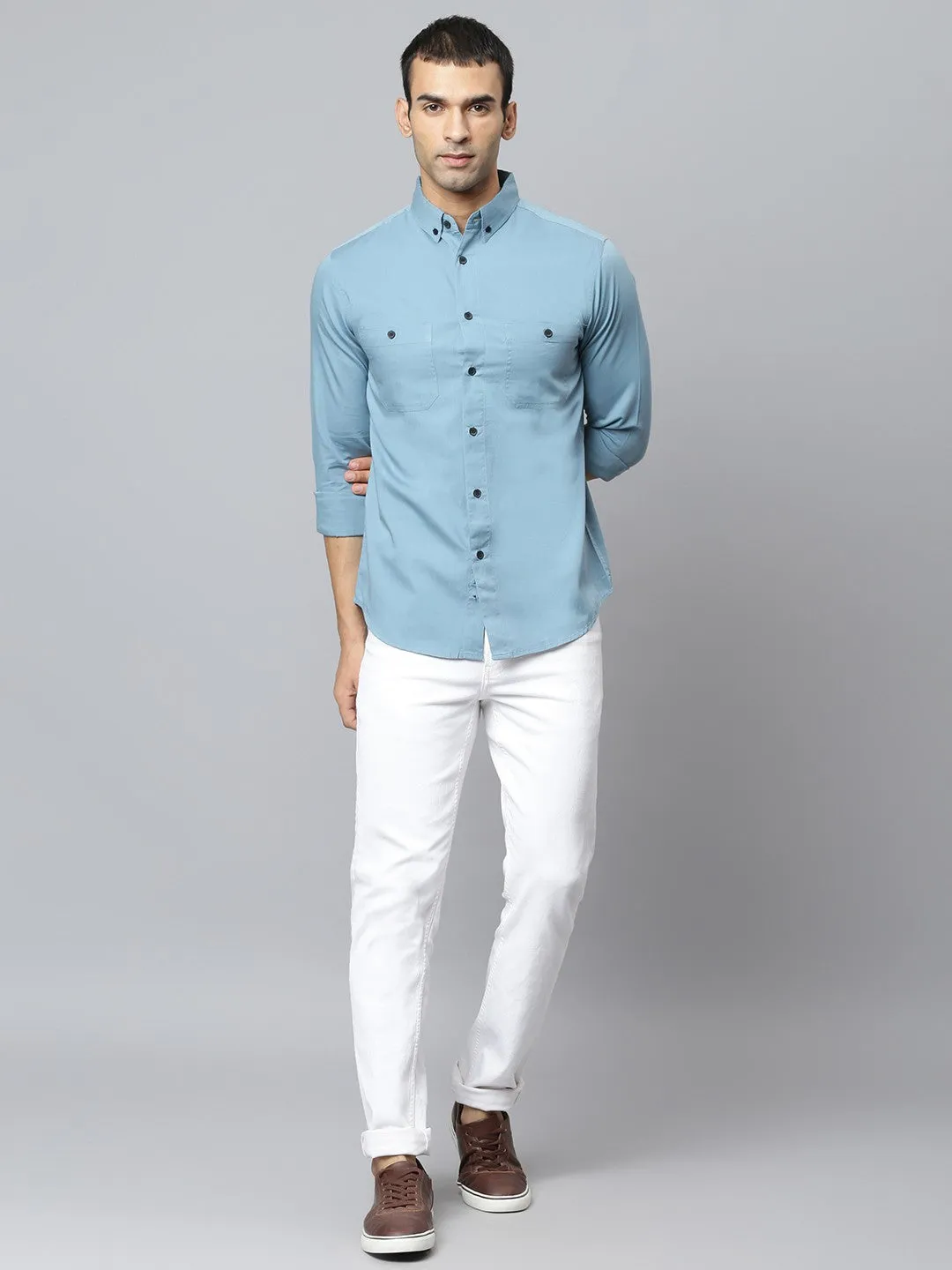 Men's Blue Slim Fit Opaque Cotton Casual Shirt
