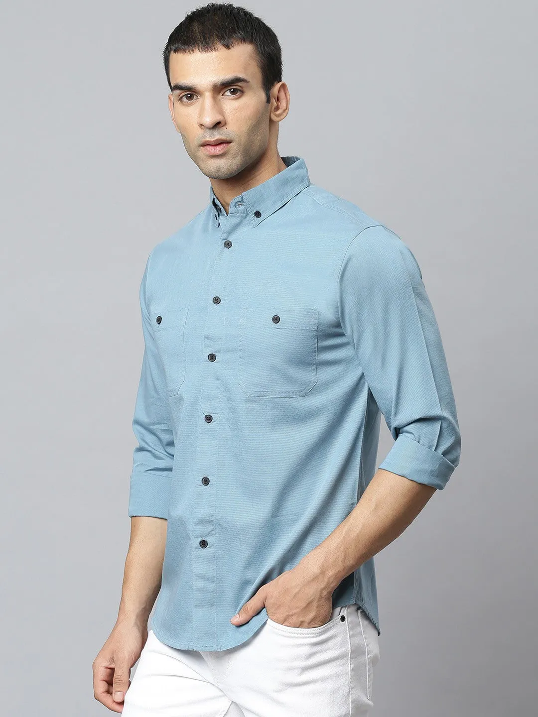 Men's Blue Slim Fit Opaque Cotton Casual Shirt