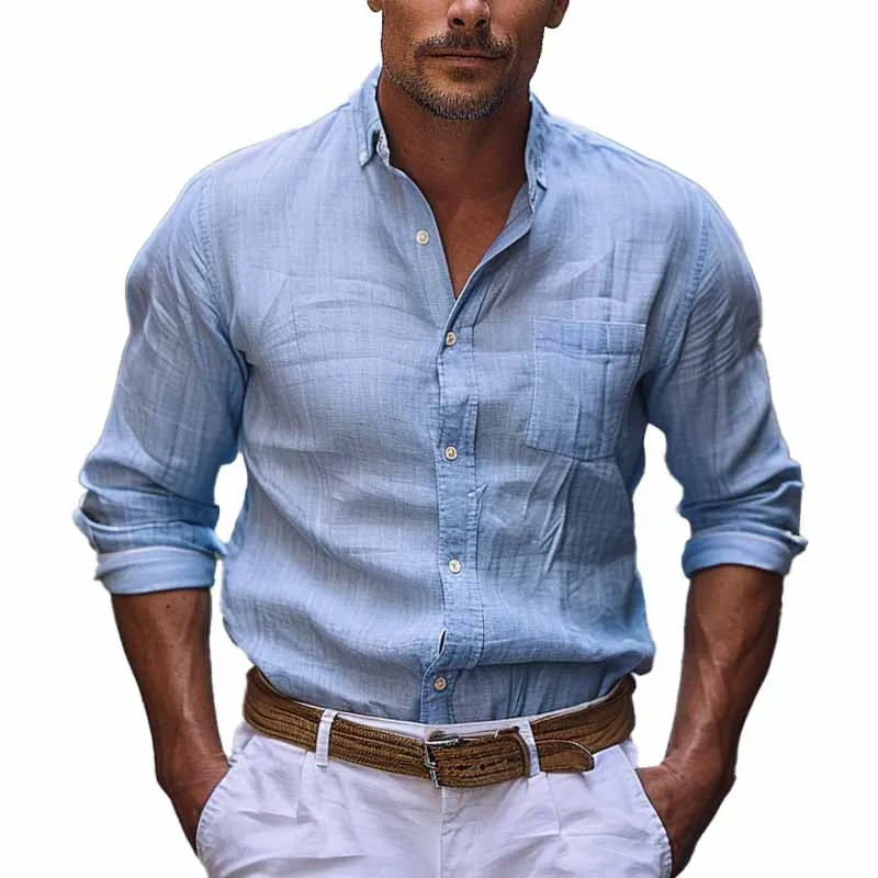 Men's Casual Cotton and Linen Pocket Lapel Long Sleeve Shirt 03425164X