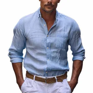 Men's Casual Cotton and Linen Pocket Lapel Long Sleeve Shirt 03425164X
