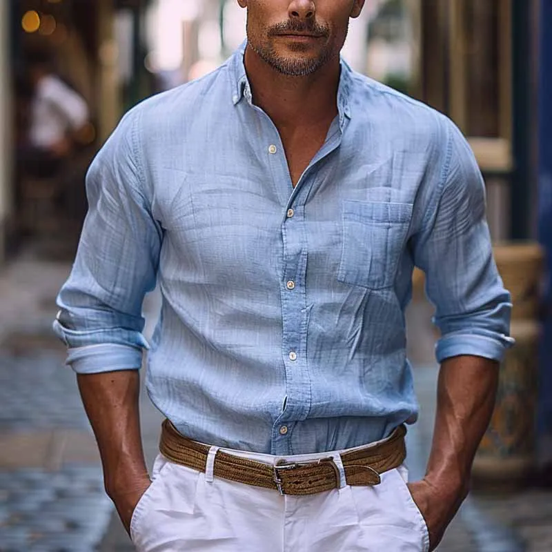 Men's Casual Cotton and Linen Pocket Lapel Long Sleeve Shirt 03425164X
