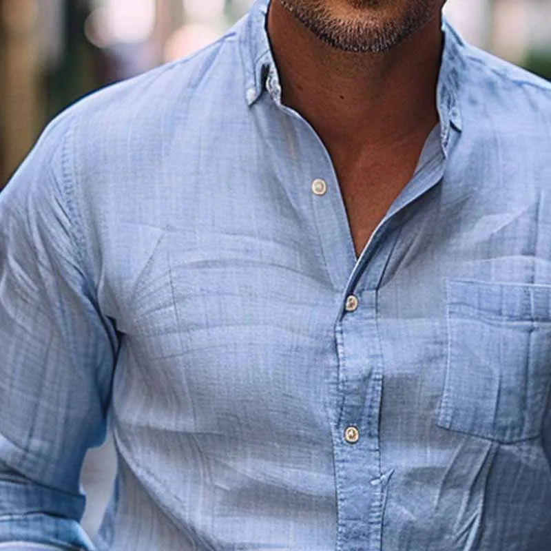 Men's Casual Cotton and Linen Pocket Lapel Long Sleeve Shirt 03425164X