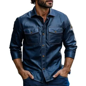 Men's Casual Dark Blue Lapel Long Sleeve Leather Shirt 72092555F