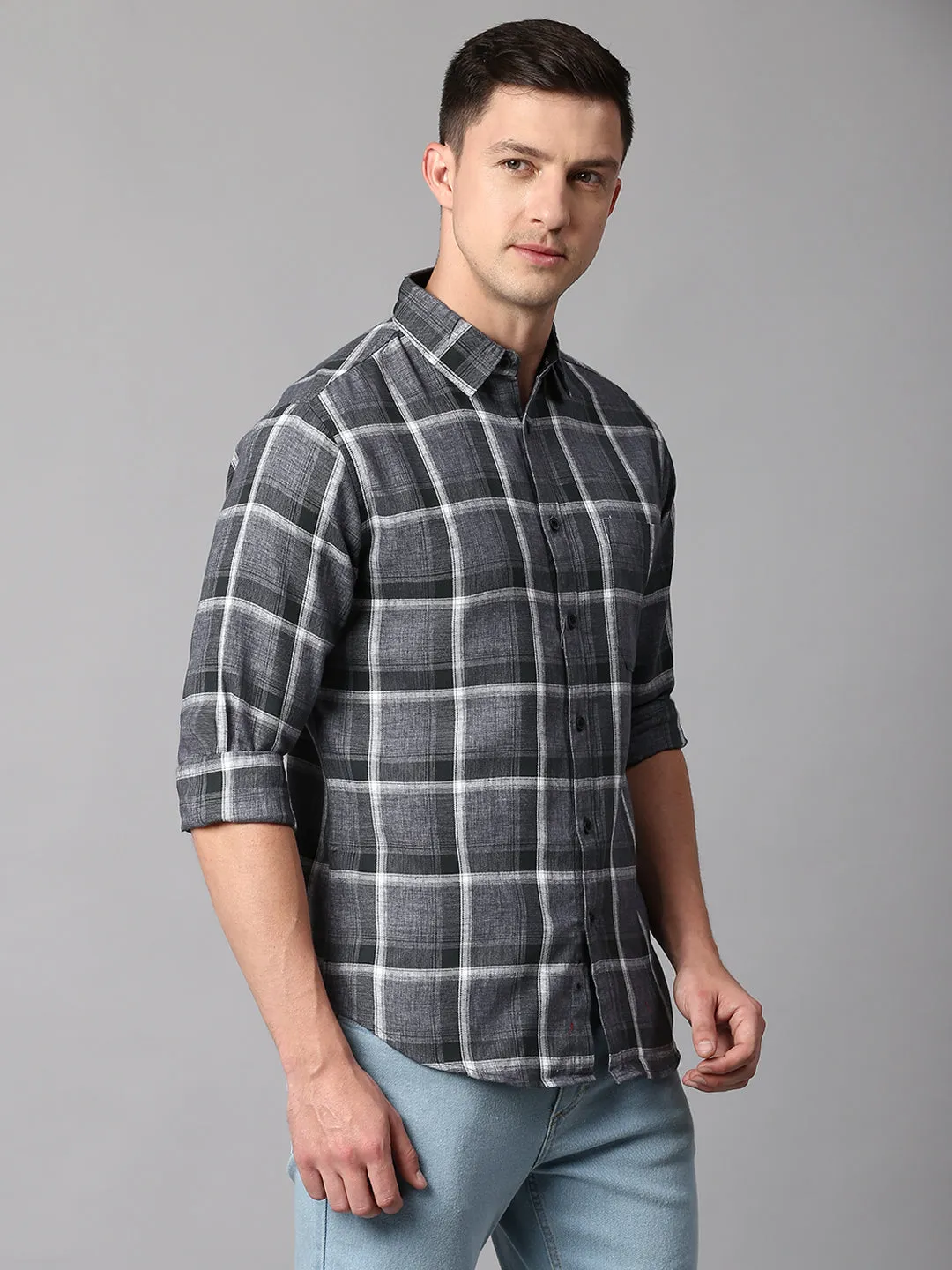 Men's Checkered Grey Slim Fit Casual Shirt With Spread Collar