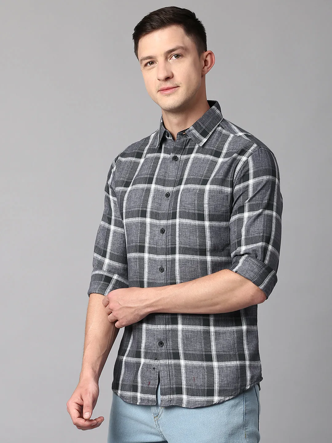 Men's Checkered Grey Slim Fit Casual Shirt With Spread Collar