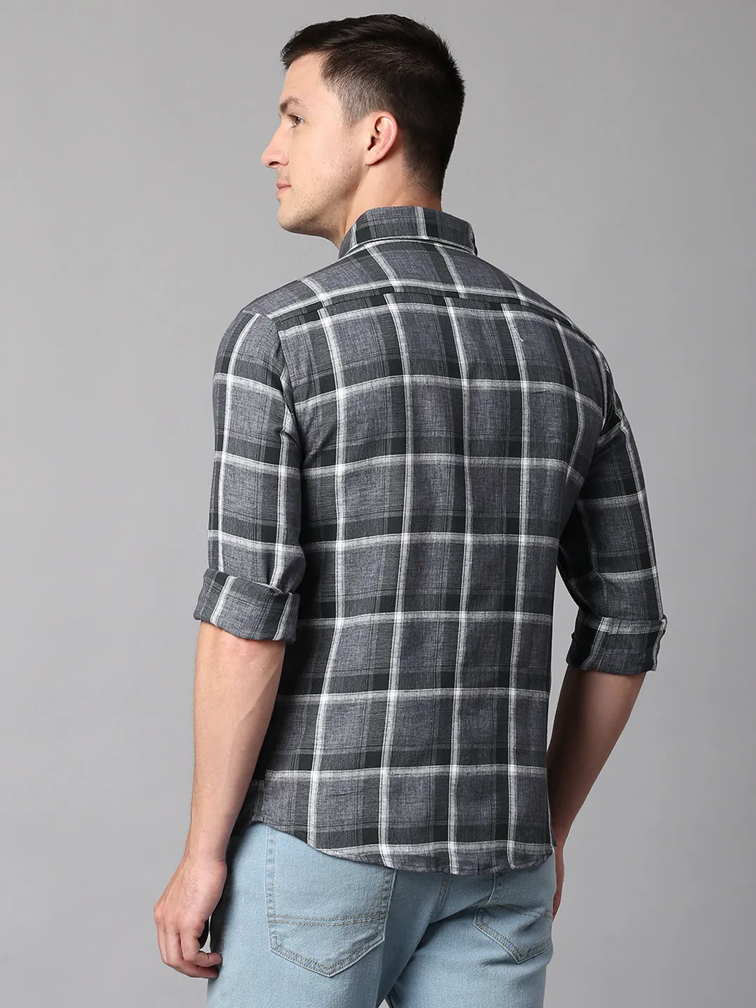 Men's Checkered Grey Slim Fit Casual Shirt With Spread Collar