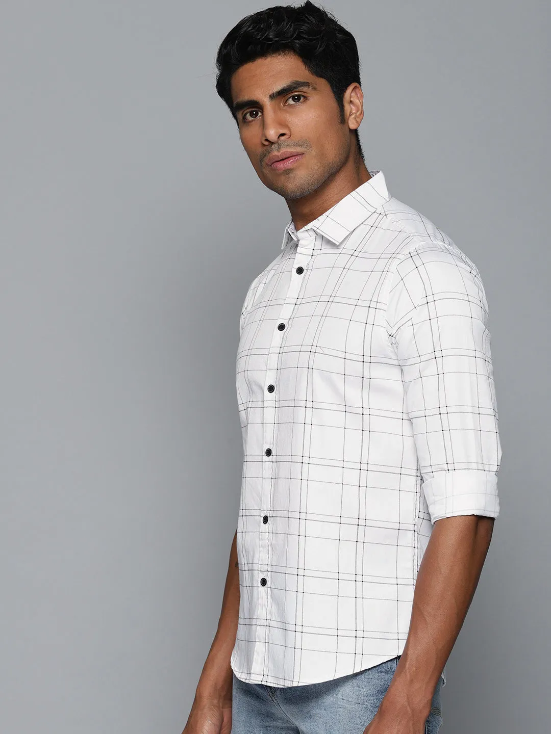 Men's Checkered Slimfit Shirt (White)