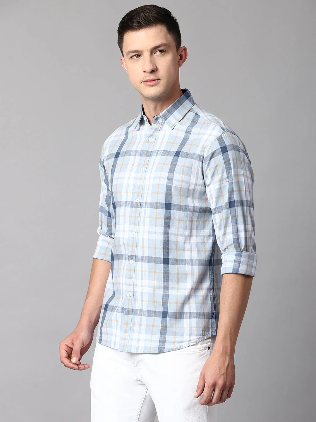 Men's Checkered Turquoise Slim Fit Casual Shirt With Spread Collar