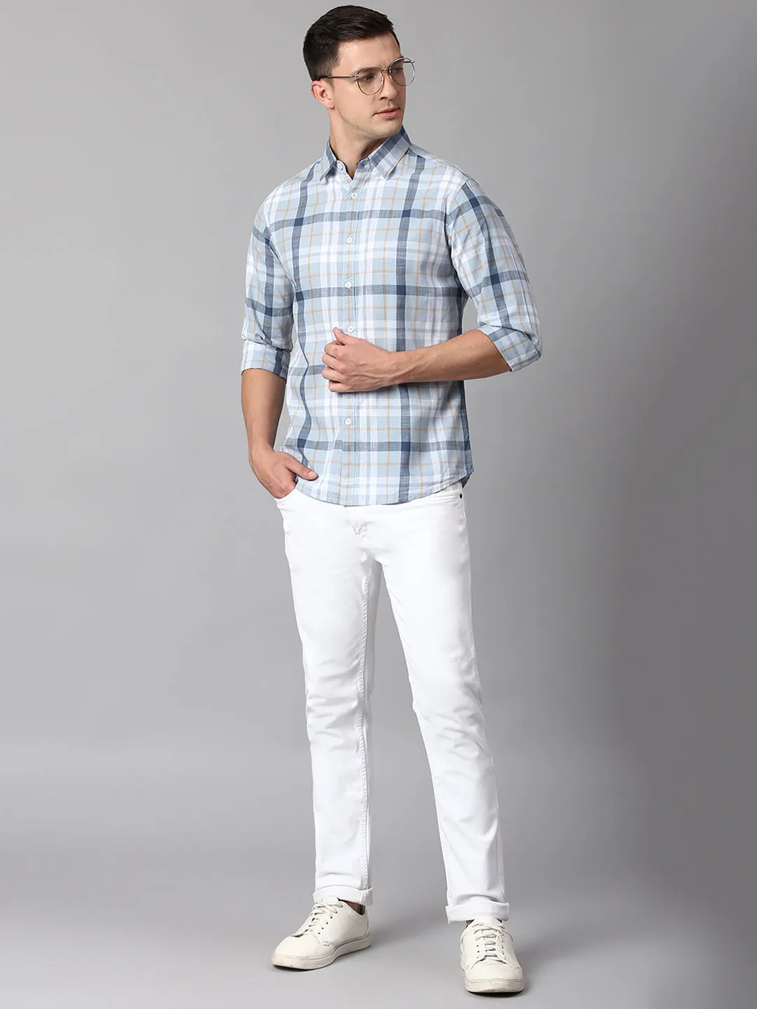 Men's Checkered Turquoise Slim Fit Casual Shirt With Spread Collar