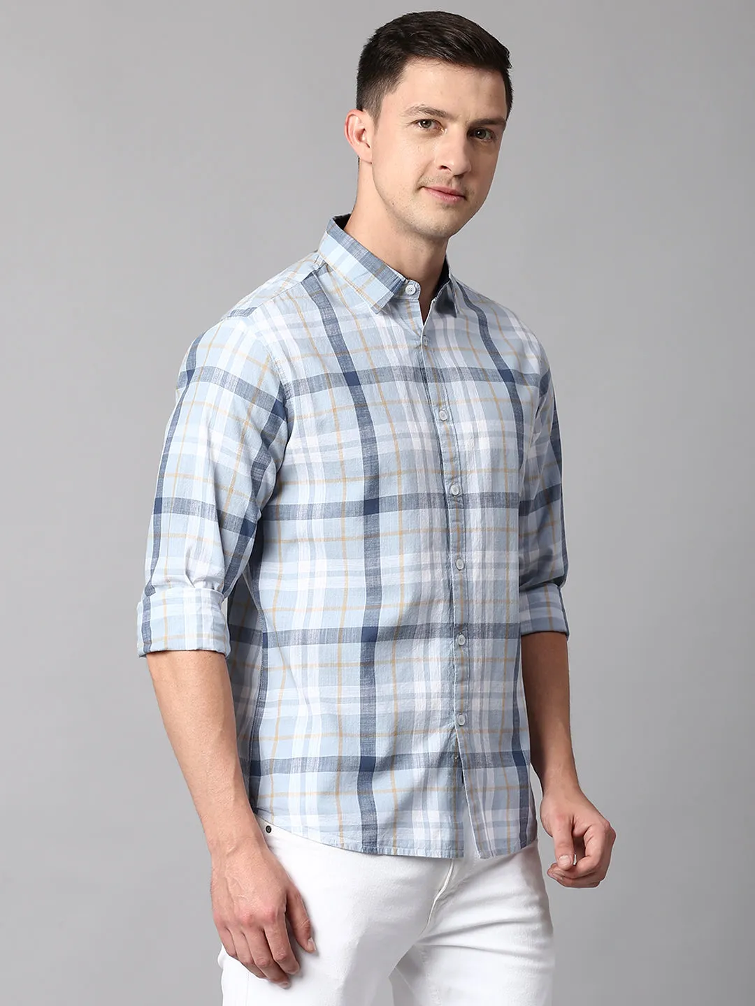 Men's Checkered Turquoise Slim Fit Casual Shirt With Spread Collar