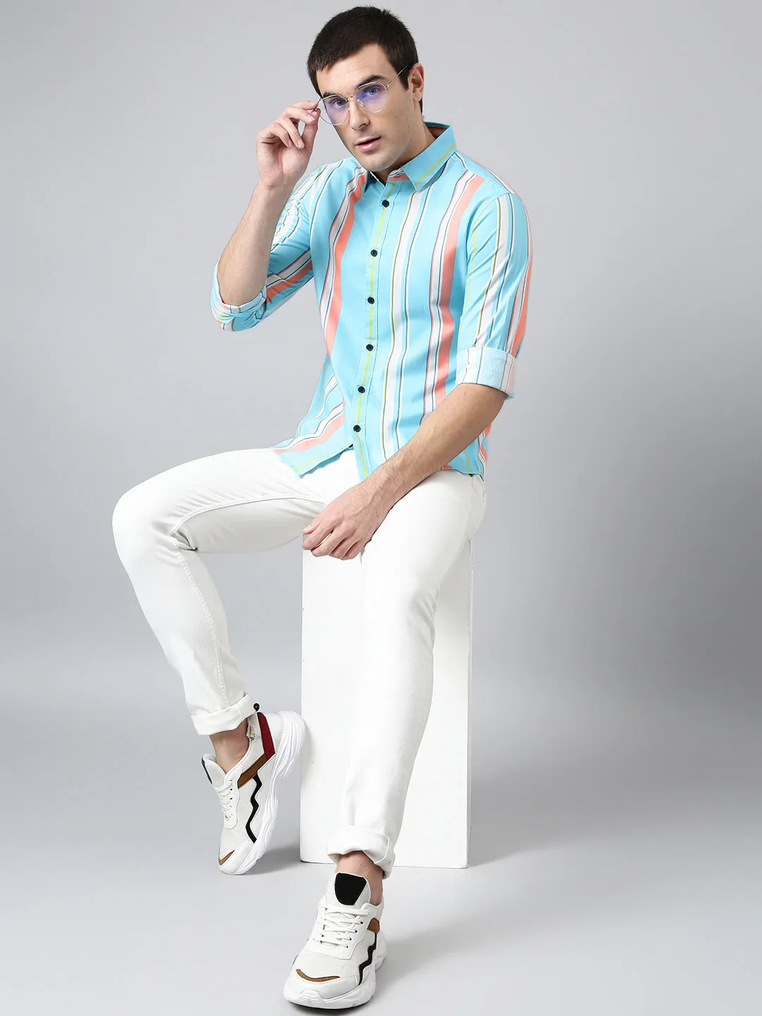 Men's Cotton Printed Blue Slim Fit Casual Shirt