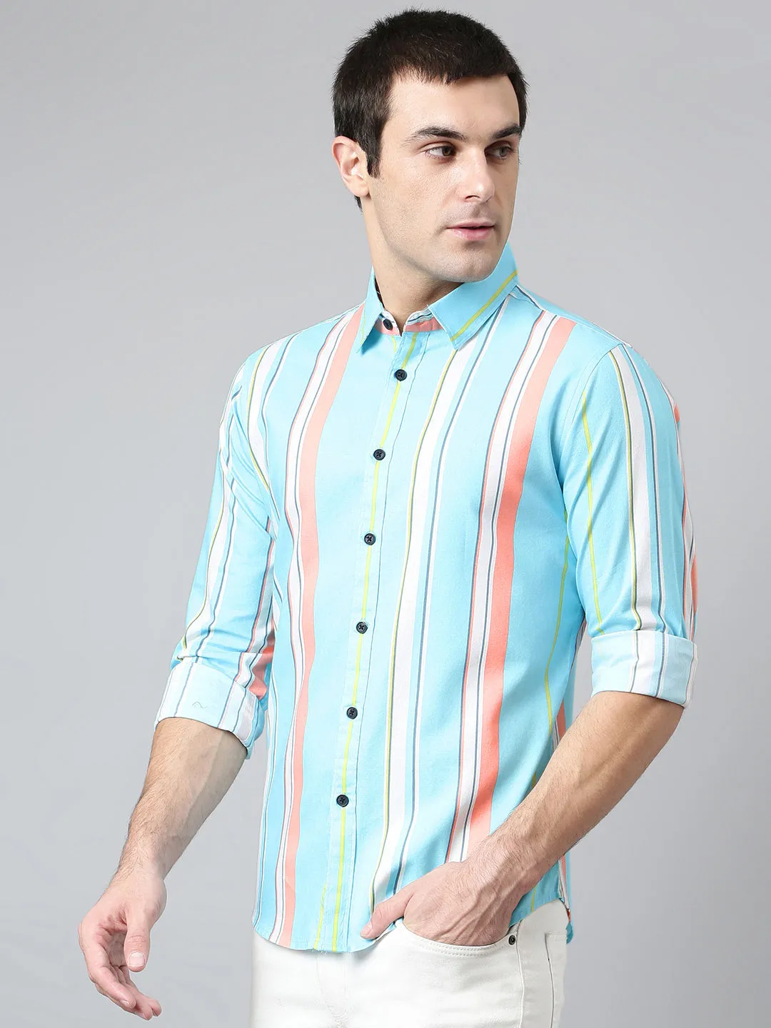 Men's Cotton Printed Blue Slim Fit Casual Shirt