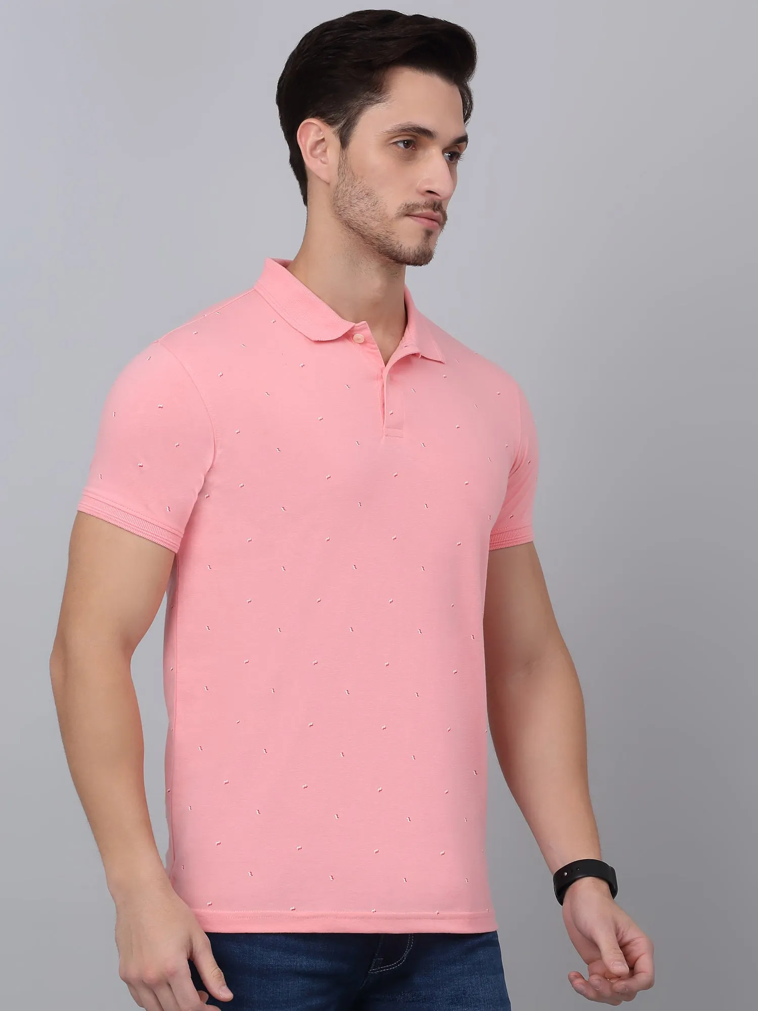 Men's Pink Printed Polo Neck T-shirt