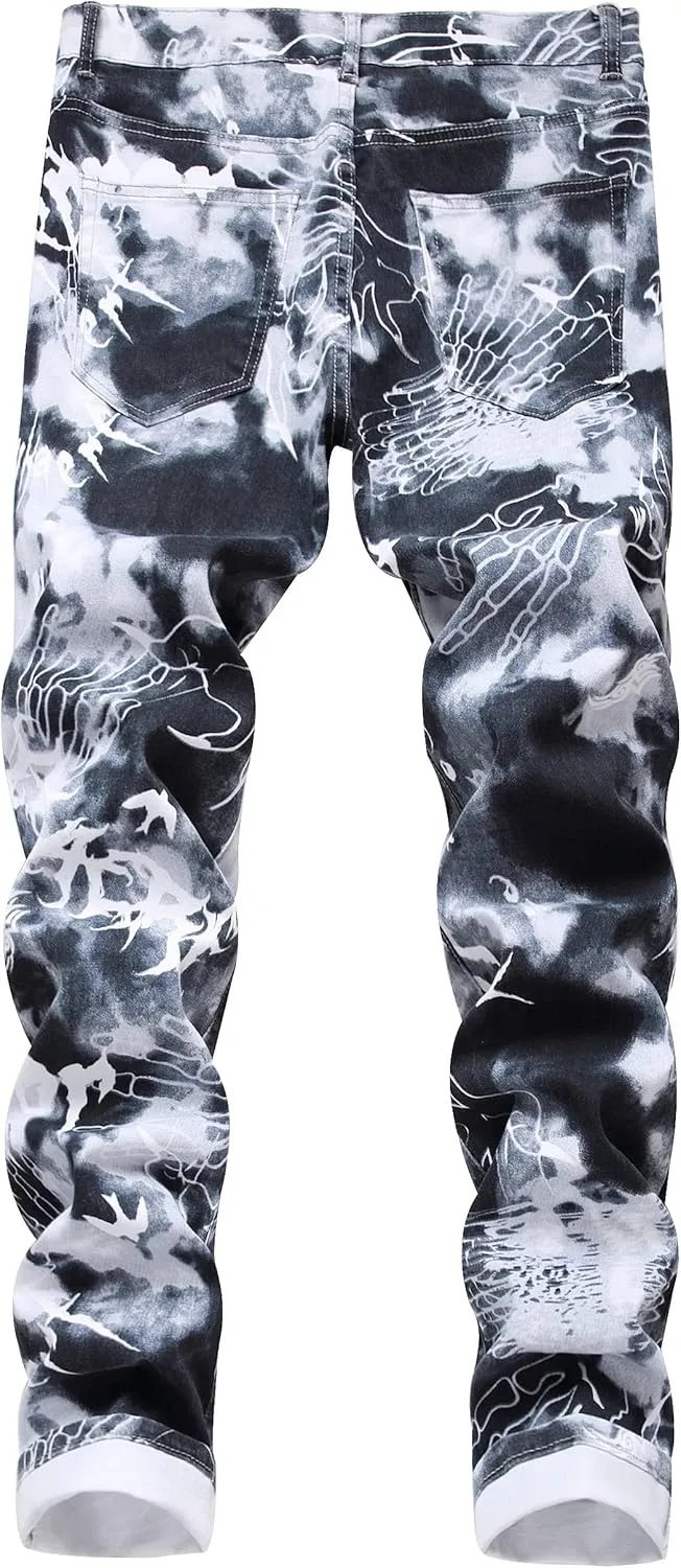 Men's Skinny Stretch Jeans Fashion Printed Slim Fit Jeans Comfort Flex Waist Casual Pants