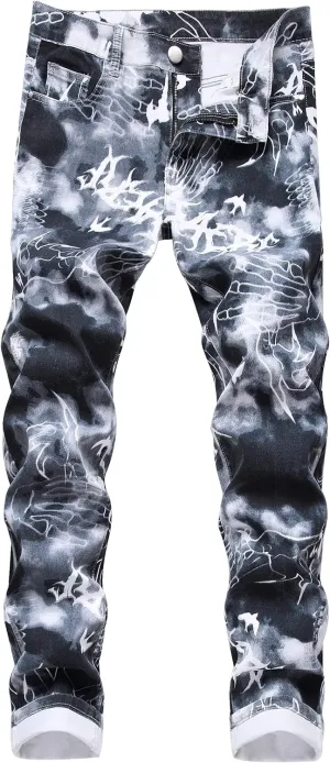 Men's Skinny Stretch Jeans Fashion Printed Slim Fit Jeans Comfort Flex Waist Casual Pants