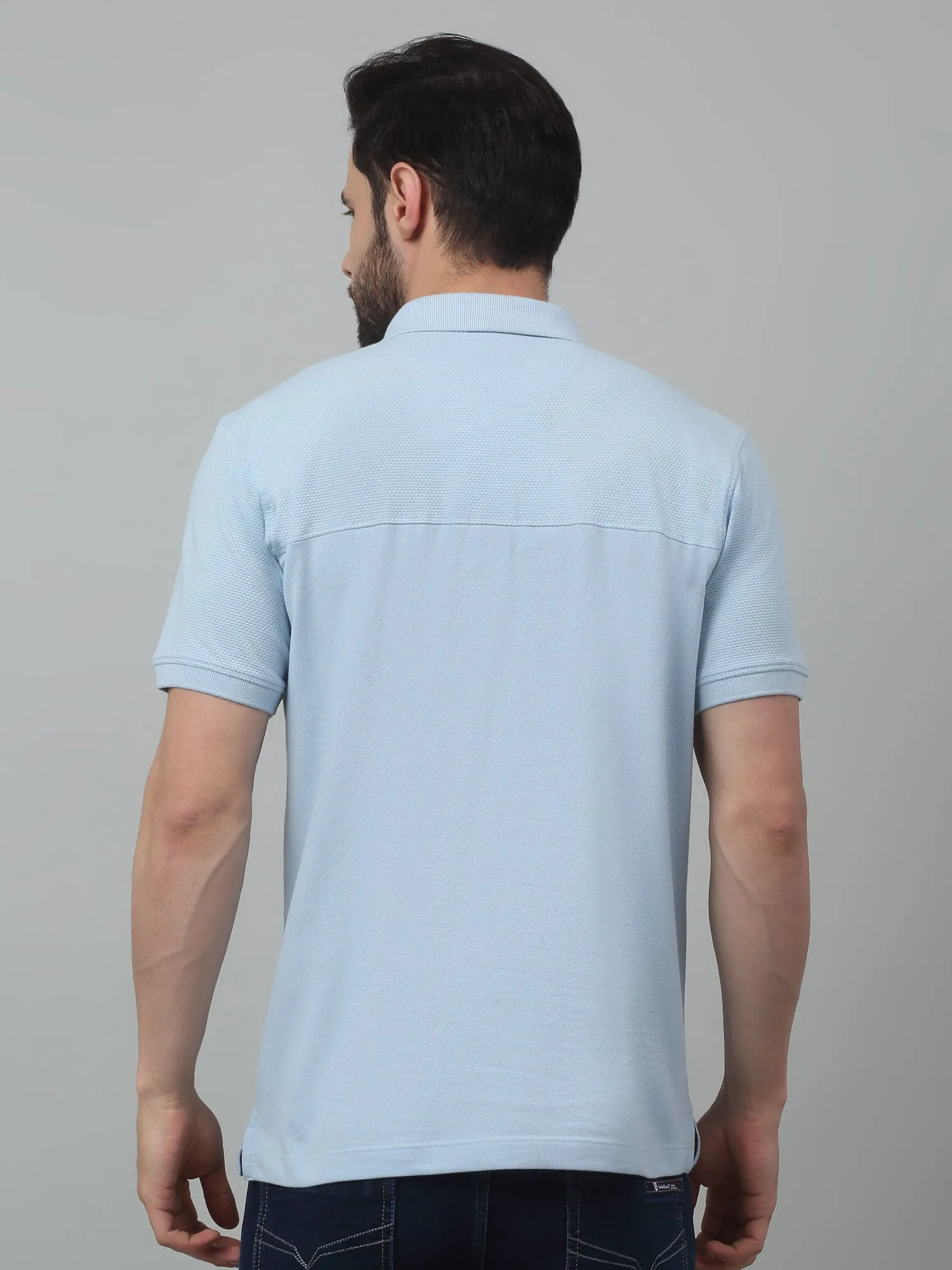 Men's Sky Blue Polo neck Half Sleeve T-Shirt with cut n sew