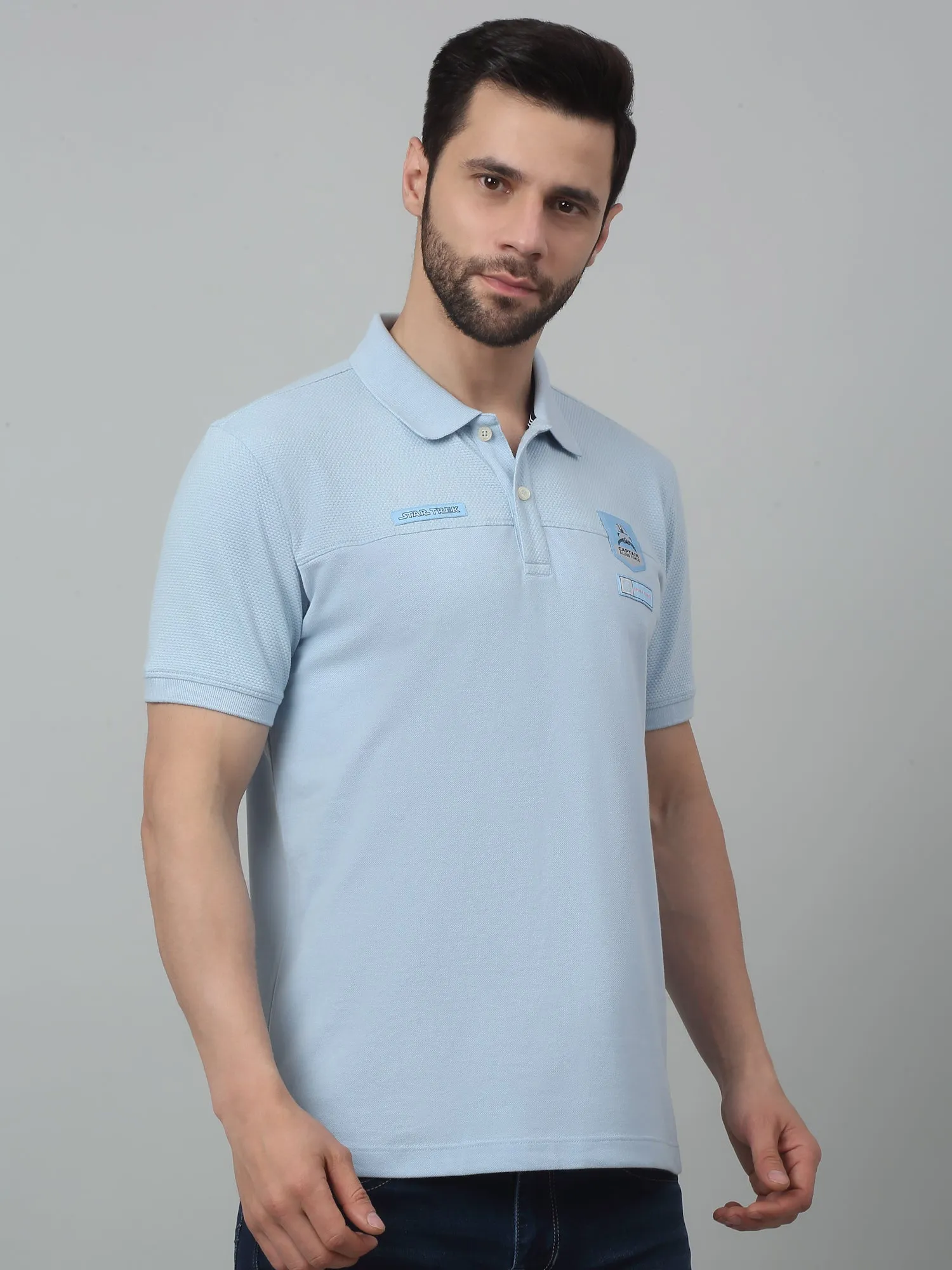 Men's Sky Blue Polo neck Half Sleeve T-Shirt with cut n sew