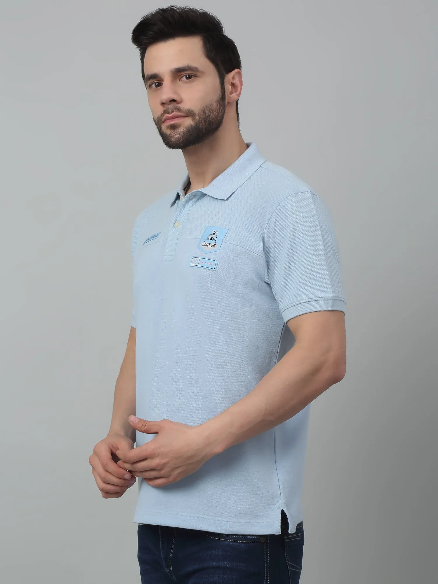 Men's Sky Blue Polo neck Half Sleeve T-Shirt with cut n sew