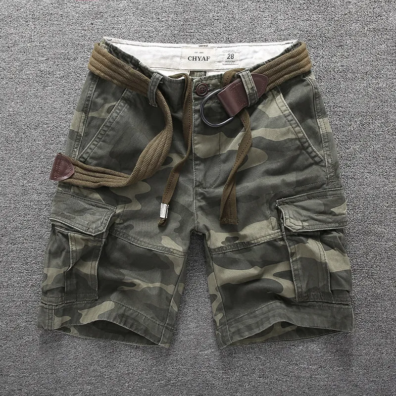 Men's Summer Loose Straight Belt Outdoor Solid Cotton Multi Pocket Shorts | 170