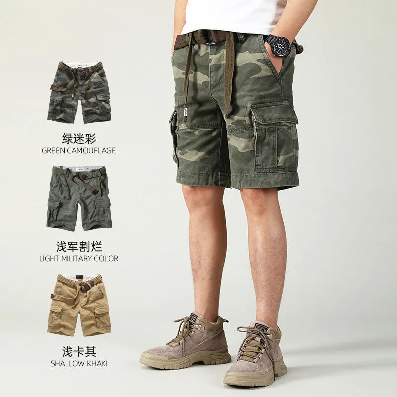 Men's Summer Loose Straight Belt Outdoor Solid Cotton Multi Pocket Shorts | 170