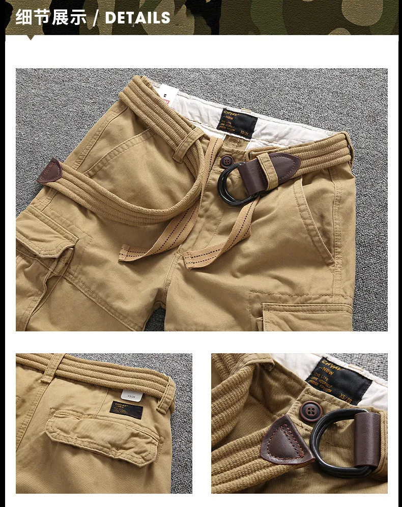 Men's Summer Loose Straight Belt Outdoor Solid Cotton Multi Pocket Shorts | 170