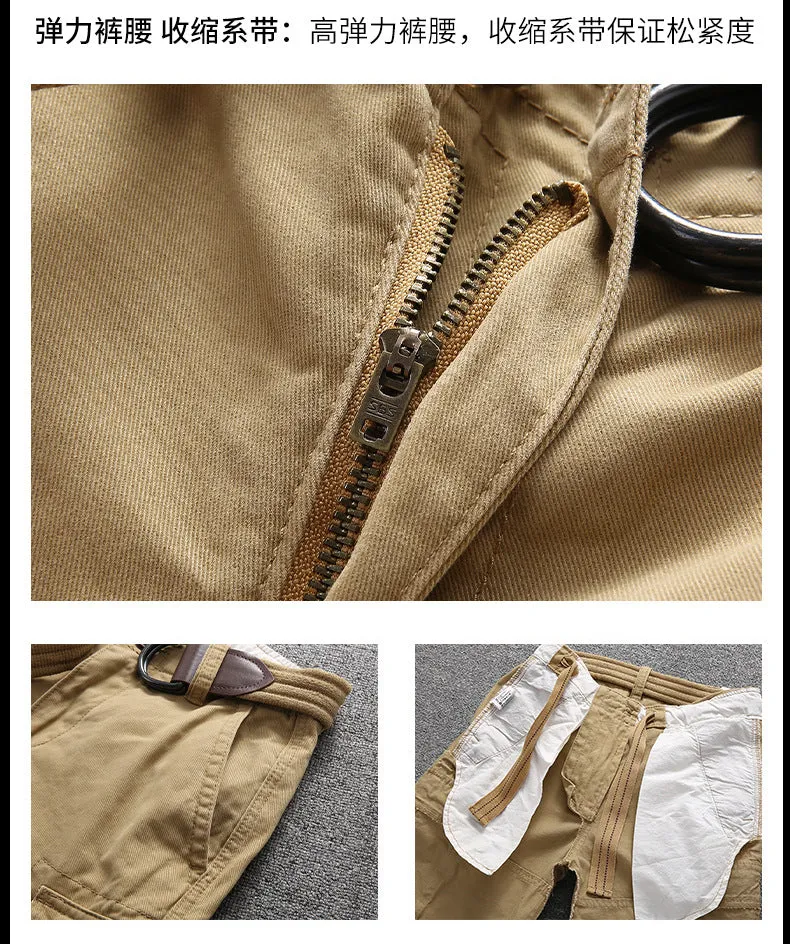 Men's Summer Loose Straight Belt Outdoor Solid Cotton Multi Pocket Shorts | 170