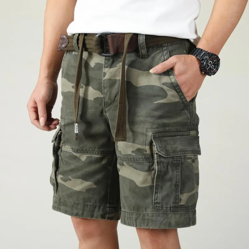 Men's Summer Loose Straight Belt Outdoor Solid Cotton Multi Pocket Shorts | 170