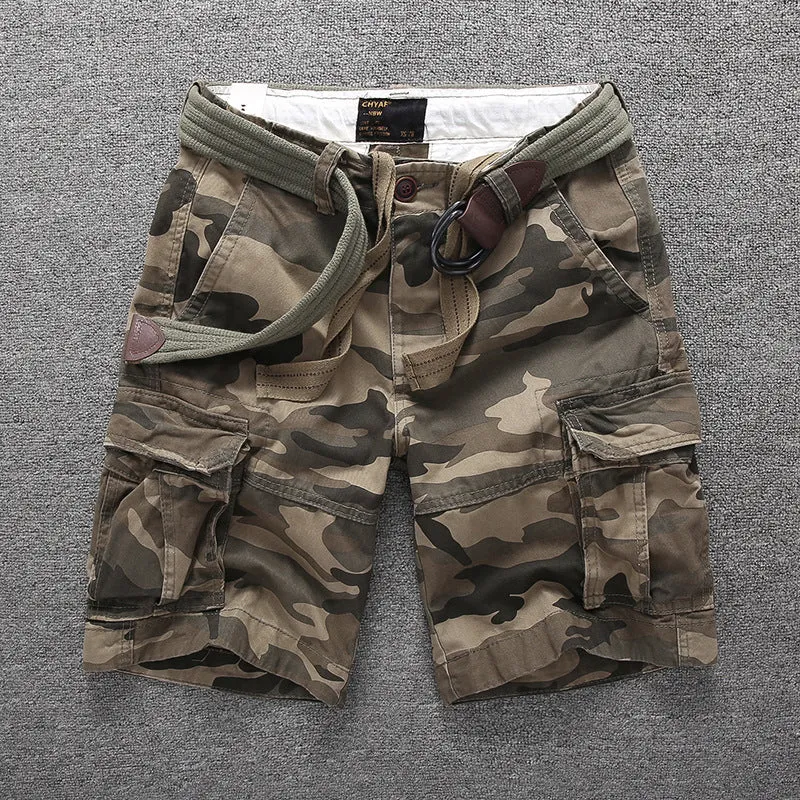 Men's Summer Loose Straight Belt Outdoor Solid Cotton Multi Pocket Shorts | 170