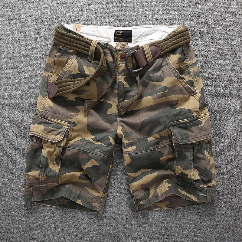 Men's Summer Loose Straight Belt Outdoor Solid Cotton Multi Pocket Shorts | 170