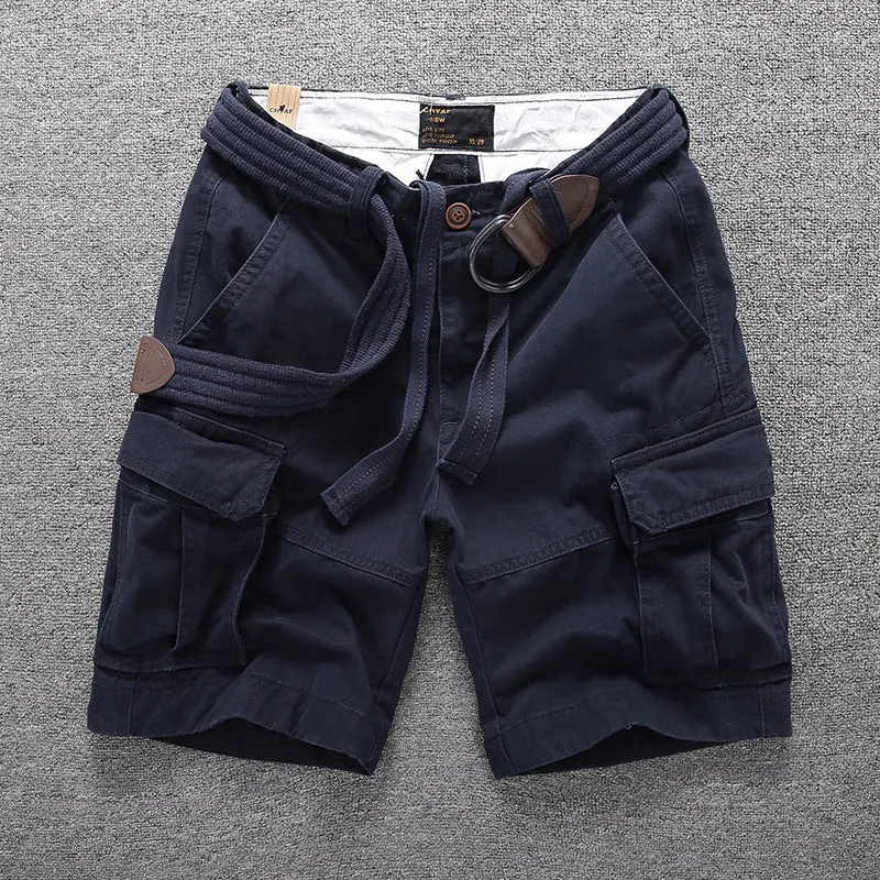 Men's Summer Loose Straight Belt Outdoor Solid Cotton Multi Pocket Shorts | 170