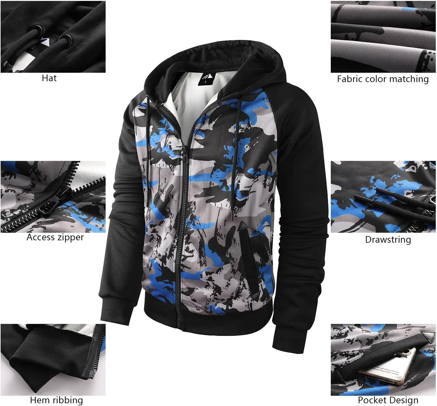 Men's Zip Up Color Block Hoodie Fleece Gym Workout zippered Sweatshirt Fashion Long Sleeve Hooded WIth Pocket
