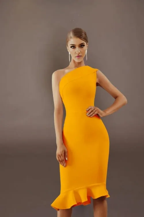 Midnight In London Off The Shoulder Bodycon Ruffle Hem Midi Dress